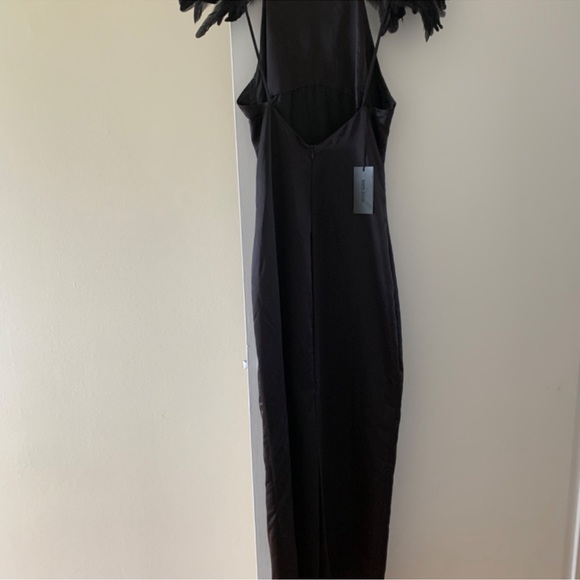 NWT Black Silk Gown with Shoulder Feathers and back slit - Picture 2 of 6
